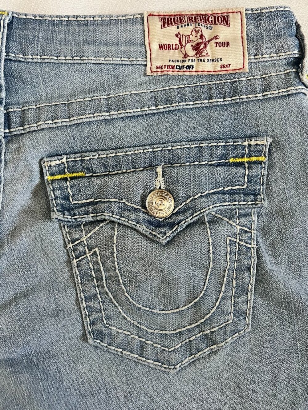 True Religion Big T Mid Rise Cutoff Flap Denim Shorts Size 31 Marigold Y2K